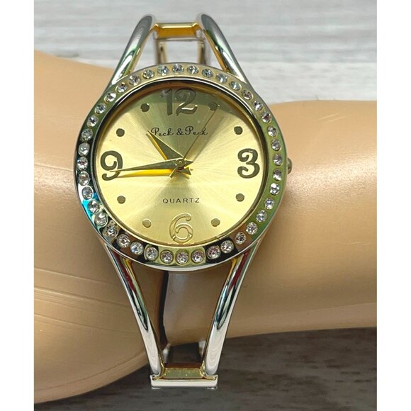 Womens Bracelet Watch Cuff Peck & Peck Light Gold Tone w/ Rhinestone Accents - Picture 8 of 8